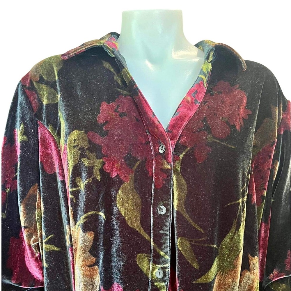Velvet Dark Floral Whimsigoth Button‎ Shirt Womens 2X Serengeti Tunic Top EUC